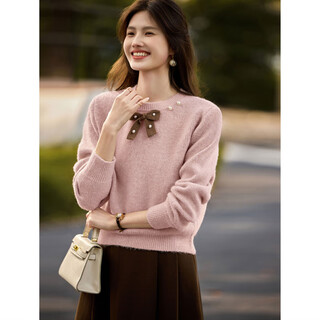 Awakening paradise autumn french gentle versatile round neck pullover sweater bow pearl neck sweater for women peach pink xl