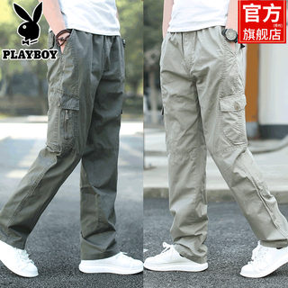 Playboy (playboy) spring and autumn overalls men's casual pants outdoor loose sports pants summer straight pants long pants men's military green l