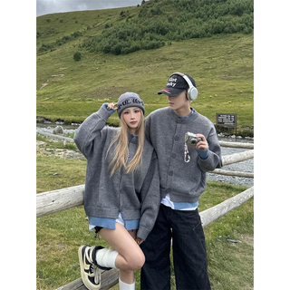 Digada american retro fake two-piece cardigan sweater for men autumn lazy style couple henry collar sweater jacket mkqsf-2526 gray m 90-110jin jin equals 0.5 kg