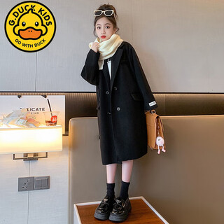 G.duckkids little yellow duck girls' woolen coat autumn and winter big children's autumn double-sided woolen coat children's long woolen windbreaker black cashmere coat 23253 label style 120cm