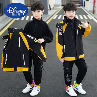 Disney boys spring autumn and winter jackets, fashionable medium and big children three-in-one winter velvet detachable windbreaker jacket trendy official flagship ty08r black - spring and autumn jacket + inner 140 height 130-140cm