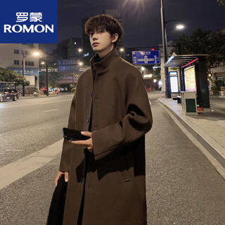 Romon korean style men's handsome loose lazy style stand collar british style winter windbreaker trendy knee-length woolen coat brown 3xl 170-185jin jin is equal to 0.5 kg