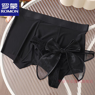 Romon couple underwear for one man and one woman, ice silk seamless thin section, pure desire, hollow out, simple japanese girl triangle boxer suit, t-string black, couple suit m, men's l size + women's size