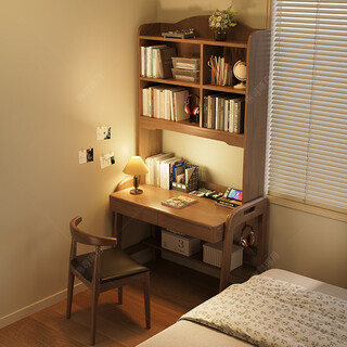 Huixun solid wood desk and bookshelf integrated small bedroom bedside table student home writing desk lift computer table walnut color #desk + bookshelf 70cm*60cm*75cm total height 180cm