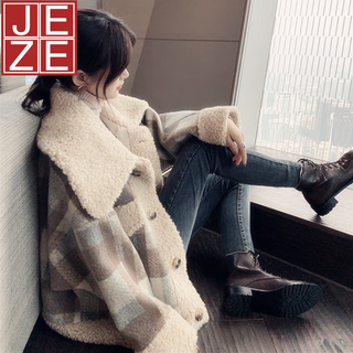Jeze woolen short coat for women 2025 new autumn and winter temperament small fragrance versatile loose korean version thickened sherpa brown plaid coat z m 100-120jin jin equals 0.5 kg