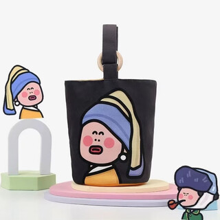 Fantasy, cute and funny cartoon personality, niche bucket bag, canvas bag, shopping girl’s lunch box and meal out handbag, girl with pearl earrings, order as a gift, authentic and original, upgraded anti-pilling fabric