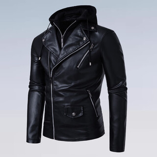 Fang shaofeng fake two-piece spliced leather jacket men's hooded harley motorcycle jacket 2025 spring and autumn workwear diagonal zipper pocket leather jacket black xl size 140-155jin jin is equal to 0.5 kg