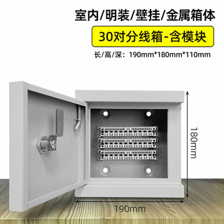 50/100对电话分线箱明装300配线箱卡接模块200回大对数电缆交接箱 30对配线箱-金属箱(含模块))