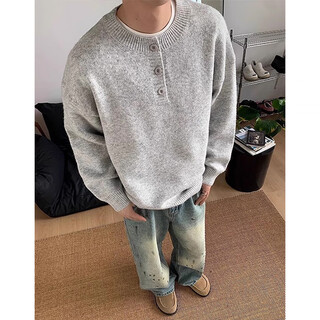 Yuyong american retro henry collar sweater, lazy and high-end men's shoulder sweater jacket, cleanfit bottoming shirt, light gray xl