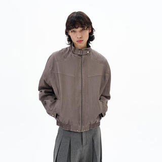 Weilang's shop autumn american washed distressed stand collar leather jacket men's high-end handsome deconstructed jacket couple new year green coffee color l