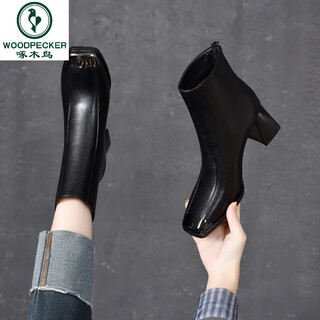 Woodpecker 2026 new spring and autumn square toe short boots women's genuine leather high heel ankle boots autumn and winter thick heel medium heel leather shoes plus velvet women's shoes black single liner heel height 6cm 41
