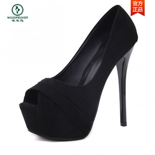 Woodpecker 14cm super high heels stiletto heel fish mouth shoes waterproof platform sexy shallow mouth single shoes women's small size 2025 spring and autumn new style black fish mouth 14cm 34