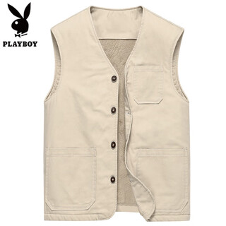 花花公子高端纯棉马甲男秋冬加绒加厚中老年男士无领马夹宽松背心大码坎肩 米白色 M 【90-105斤】