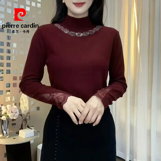 Pierre cardin fashionable mother's wear semi-turtle collar heavy-duty hot diamond bottoming shirt autumn and winter style age-reducing german velvet versatile warm top burgundy 3xl recommended 140-155jin jin equals 0.5 kg