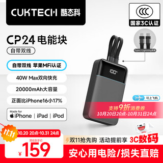 Cuktech 3c certified 40w power bank comes with dual-wire 20000 mah large capacity fast charging mobile power supply cp24 power block suitable for apple 17