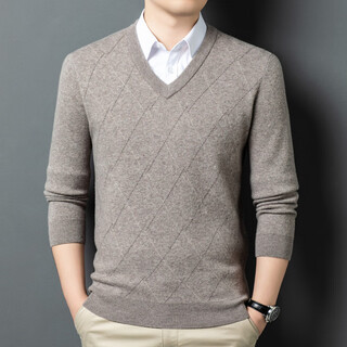 King deer cashmere sweater men's v-neck jacquard thickened versatile sweater autumn and winter loose large size bottoming shirt middle-aged and elderly father's wear camel 2xl 180 (recommended weight 155-170 jin jin equals 0.5 kg)