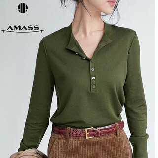 Amass classic simple casual comfortable breasted henley long sleeve round neck sweater 538102 green m (size 3)