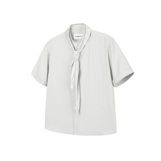 Satin silk scarf collar with imitation cupro silk texture henry collar casual summer short-sleeved shirt for men white gray s s