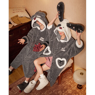 Gongdie thermal storage type autumn and winter couple pajamas for women, thickened coral velvet warm cartoon hooded home clothes for men