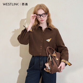 Westlink westlink retro corduroy shirt for women winter new plaid corner pocket design loose and slim coat brown l