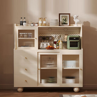 Four-bedroom house solid wood sideboard against the wall integrated storage cabinet coffee cabinet cabinet living room wine cabinet multi-functional tea cabinet storage cabinet cream white length 100*width 40*height 132cm power track