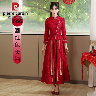Pierre cardin chinese toast wear bride 2025 autumn and winter new engagement return wedding dress skirt women's cheongsam xiuhe wedding dress burgundy long sleeve s recommended 85-98jin jin equals 0.5 kg