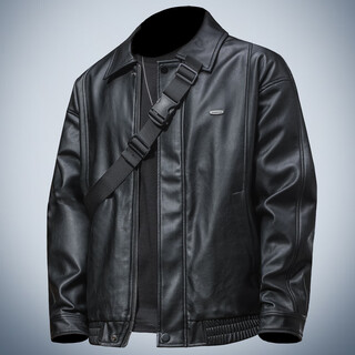 季言皮夹克外套男2025新款 秋季翻领休闲皮衣男款痞帅高级感潮流 黑色 3XL （适合170-185斤）