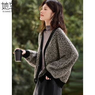 She enjoys autumn and winter sweater coat women's v-neck retro contrasting knitted cardigan lazy style loose sweater outer wear women's t54z113
