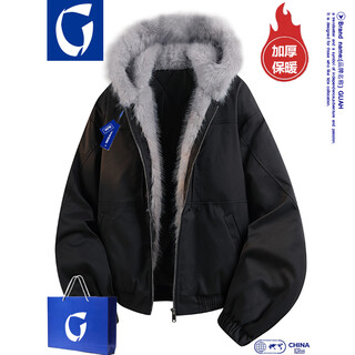 Guah mountain carving cotton coat men's winter velvet thickened men's coat american feather puffer coat warm loose trendy cotton coat black xl