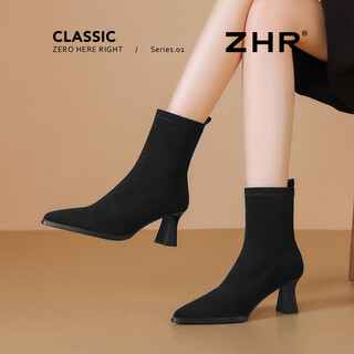 Zhr high heel short boots women's french suede pointed toe slim ankle boots black elastic stocking boots high heels bl651a black 37