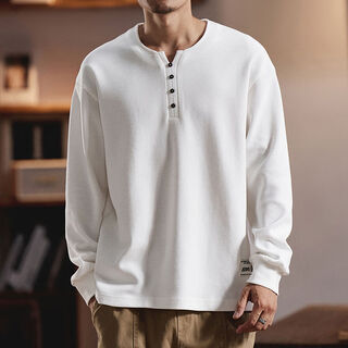New sweatshirt 2024 autumn american casual henry collar slit design long-sleeved bottoming shirt t-shirt for men white m m