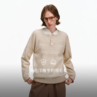 Pclp henry collar contrast edge sweater autumn and winter new national trend fair isle loose versatile fashionable sweater off-white l