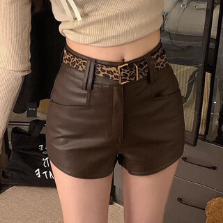 Miao yijia shorts women's outerwear hot pants leather pants 2025 new autumn and winter a-line high waist slim fit pants little people versatile brown hot girl casual pu leather shorts + leopard print belt m (recommended weight is about 100-110 jin jin is equal to 0.5 kg)