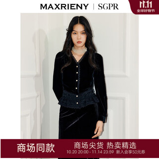 Maxrieny shopping mall same style french retro velvet lace shirt 25 autumn v-neck long-sleeved top black s