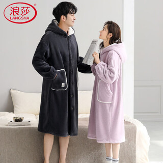 Langsha couple's nightgown, one man and one woman, winter flannel plus velvet warm hooded bathrobe pajamas, mid-length home wear, winter, female f8046 purple + male f9046 carbon gray m female + xl male