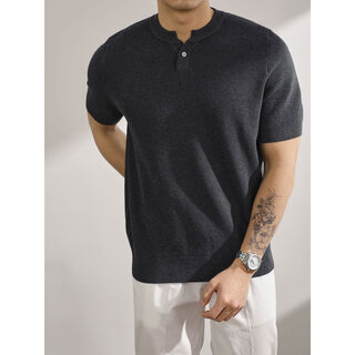 Xiaohongshu's popular hit american light luxury summer pineapple pattern henry collar sweater men's short-sleeved t-shirt casual gentleman dark gray counter quality l l recommended 120-140jin jin equals 0.5 kg