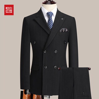 Red bean suit men's wedding striped groom's formal dress double-breasted suit british style casual black m 170