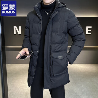 Romon mid-length men's cotton coat winter 2026 new workwear large pocket thickened hooded coat cold weather jacket for men black 2xl recommended 145-165jin jin equals 0.5 kg