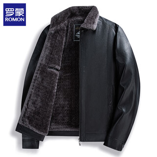 Romon men's leather jacket winter thickened warm lapel casual leather jacket men's dad top black xl (175) (recommended weight 100-125 jin jin equals 0.5 kg)