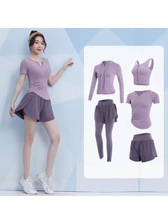 Fanstick fanstick yoga wear women's summer new running training elastic sports short-sleeved top pilates purple lotus root five-piece set tc62964綶极速出账 s
