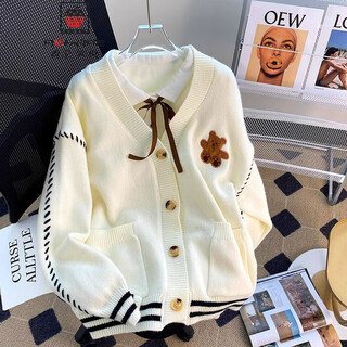 Aemape bear sweater cardigan women's jacket 2025 spring new women's clothes loose and gentle autumn and winter knitted tops off-white one size (80-140jin jin is equal to 0.5 kg)