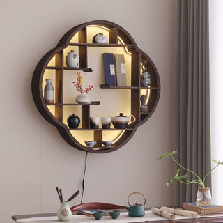 Plum blossom bogu rack wall solid wood chinese wall hanging duobao pavilion wall teapot shelf antique storage rack plum blossom a style diameter 89cm depth 12cm