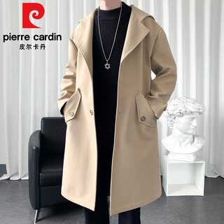Pierre cardin windbreaker men's autumn and winter 2025 new mid-length coat cloak plus velvet jacket men's casual tops men's khaki xl