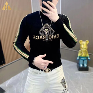 Bg glamurb luxury brand t-shirt men's long-sleeved jacquard 2025 new sweatshirt men's casual slim bottoming shirt black regular l