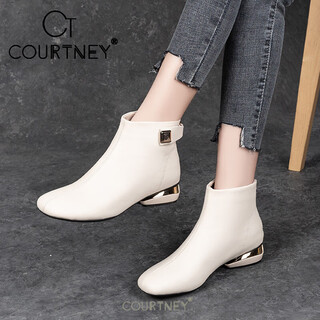 Courtney brand off-white short boots for women 2025 new autumn and winter genuine leather low-heeled single boots for women soft leather ankle boots beige 36 x plus velvet