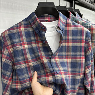 Goldlion g+ goldlion spring and autumn men's pure cotton long-sleeved shirt, trendy casual plaid brushed workwear versatile shirt for young and middle-aged people, blue and red plaid 3xl (190) (recommended 175-188jin jin equals 0.5 kg)