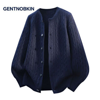 Gentnobkin henry collar cardigan sweater men's autumn american soft and lazy style casual all-match top sweater navy blue l