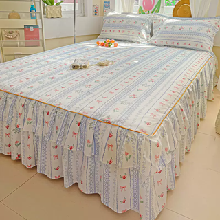 Yusenyi thickened pure cotton bed skirt single piece simple style double cotton fitted sheet cover with skirt bed cover bed apron cover blueberry cheese 120x200cm (bed skirt-pillowcase pair)