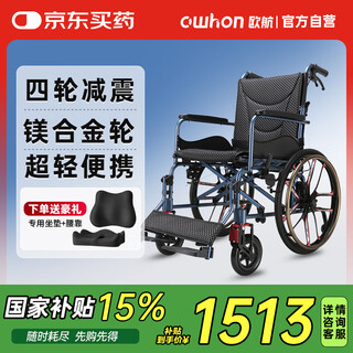 Owhon wheelchair folding lightweight portable magnesium alloy large wheel manual wheelchair for the elderly disabled travel small car for the elderly