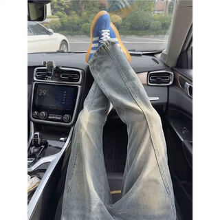 Jufeng retro blue bias-cut bootcut jeans for men, american high street vibe pants that show leg length, slim fit, straight pants, nostalgic blue l (suitable for 115-130 jin jin equals 0.5 kg)